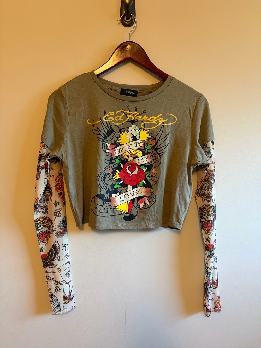 Ed Hardy Olive Green Cropped Long-Sleeve Tee with Tattoo Graphic